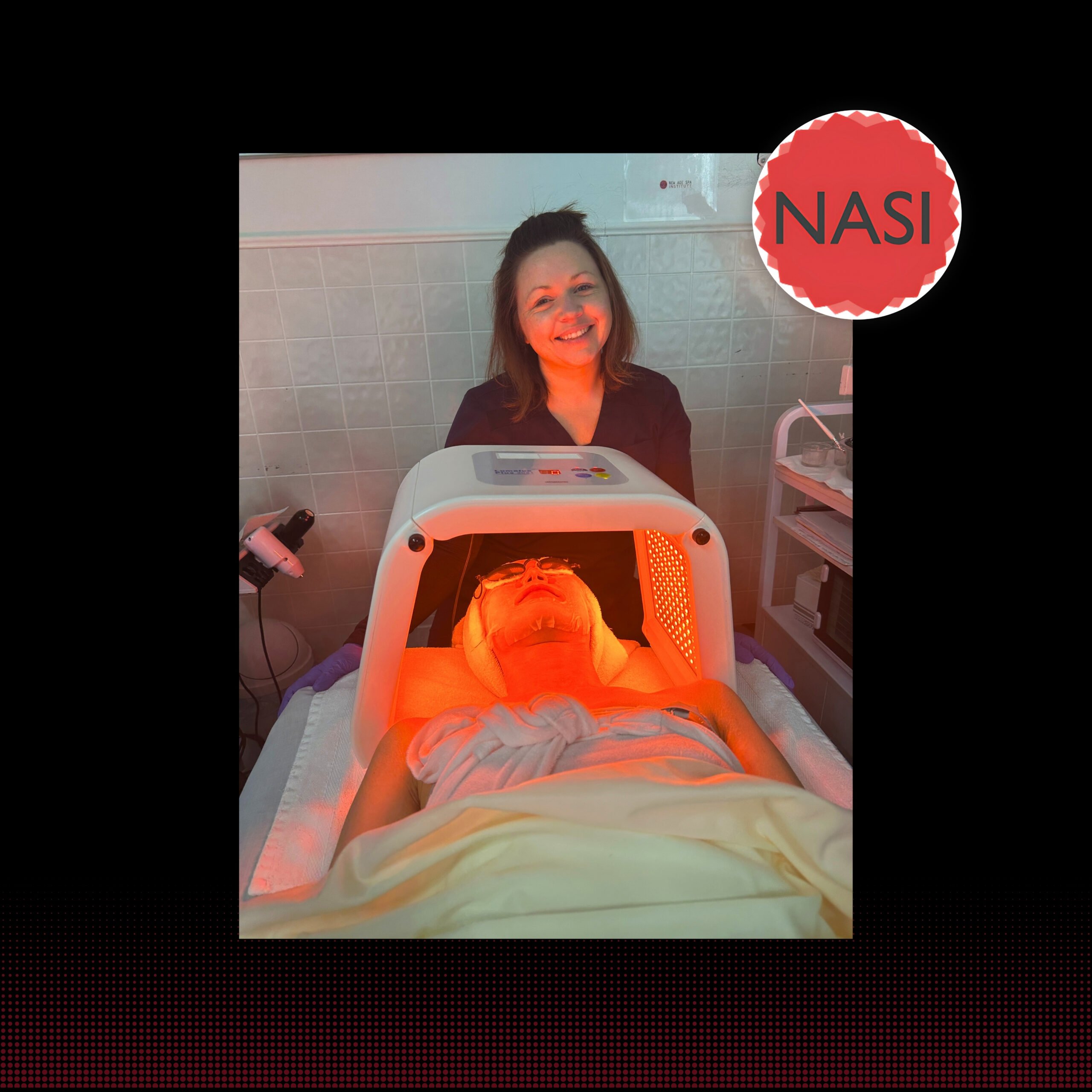 New Age Spa Institute student performing a facial and using an LED modality. She is using red LED light to promote circulation in the face.