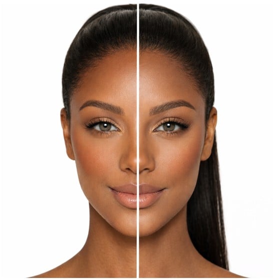 a black woman face that showcases the difference between bronzer and contour